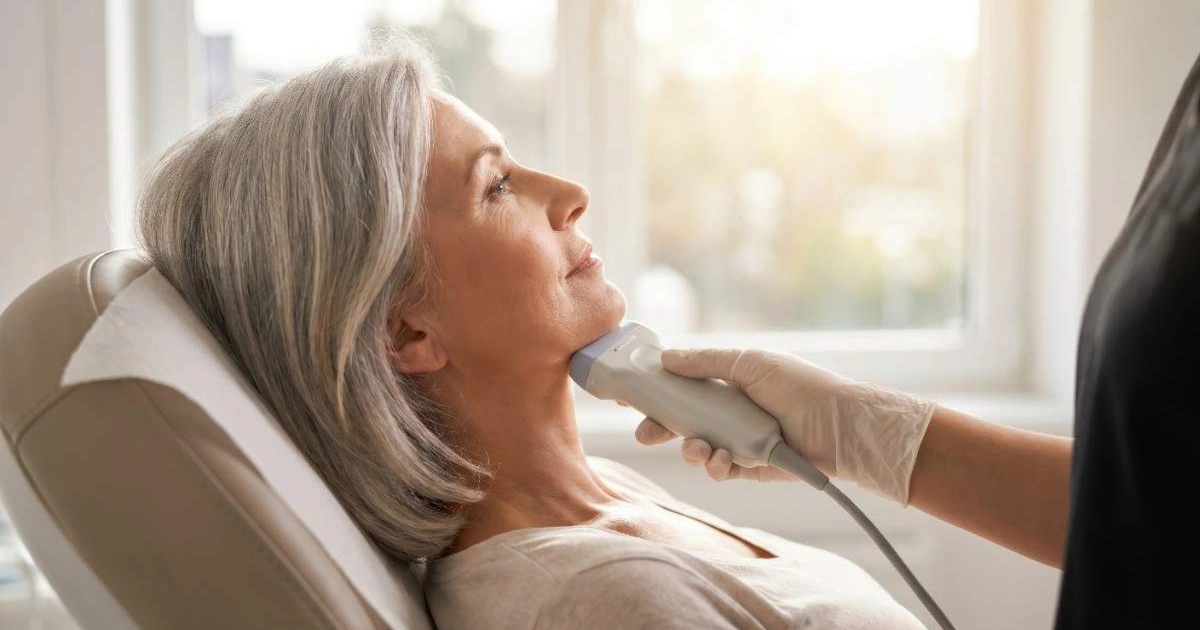 Senior woman receiving XERF ultrasound skin tightening treatment in Beverly Hills, CA | Maven Medi Spa