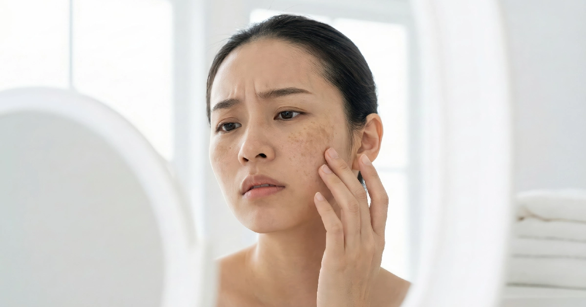Woman Looking At Dark Spots On Her Skin by Maven Medi Spa in Beverly Hills, CA